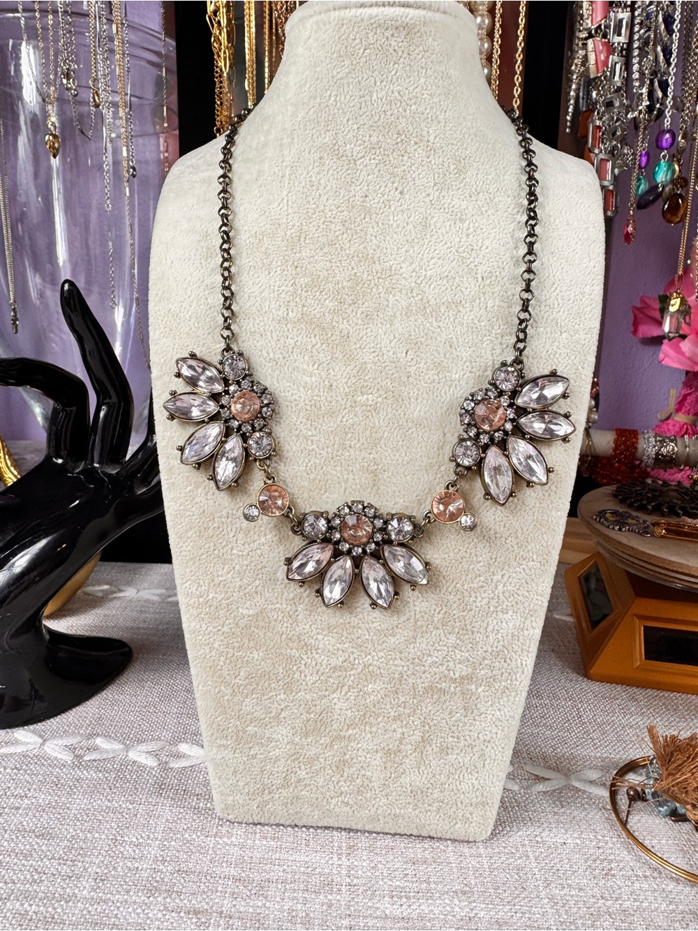 Zara Pink and Clear Crystal Floral Bib Necklace